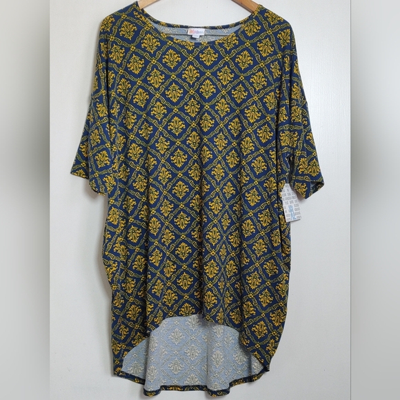 Lularoe Irma Elegant Blue and Yellow Patterned Women's Top - Picture 1 of 5